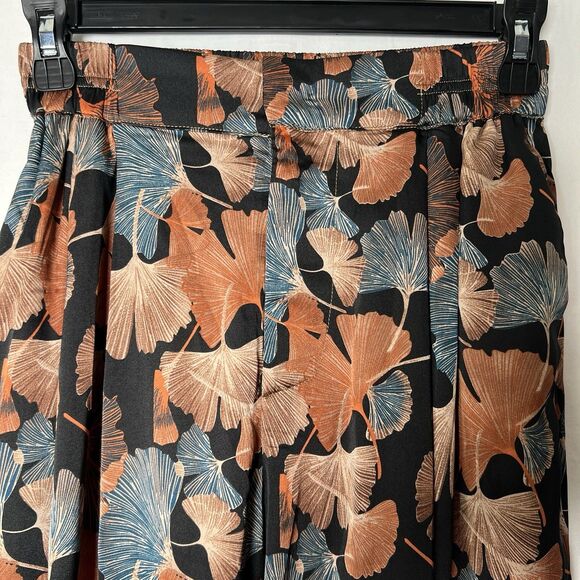 Kori Rust & Blue Leaf Wide Leg Silky Trouser Career Pull On Elastic Pants Size S - Picture 4 of 7